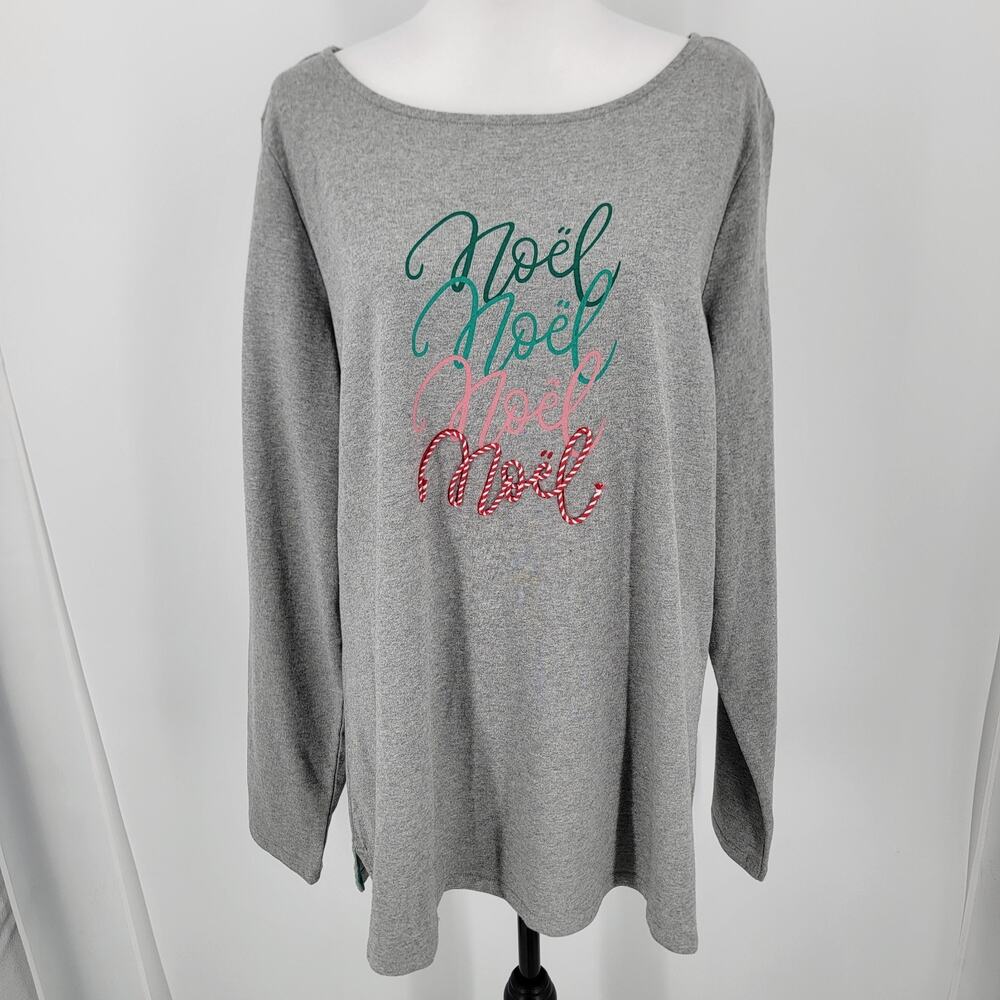 Kim Rogers Curvy Tunic Top Womens 1X Gray Scoop Neck Noel Print Embroidery